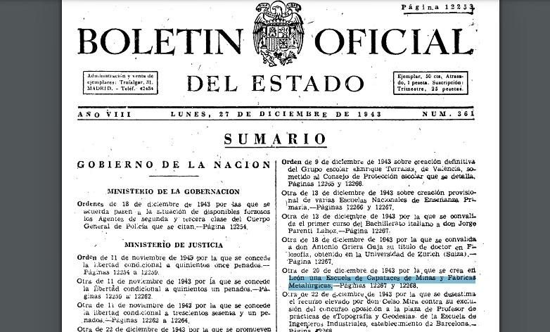 Detalle de la publicación del BOE aprobando la creación de la Escuela de Capataces de Minas y Fábricas Metalúrgicas.