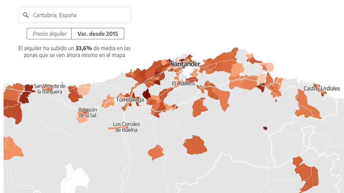 Mapa elaborado por elDiario.es de los datos de subida de los alquileres en Cantabria facilitados por el Ministerio de Vivienda.