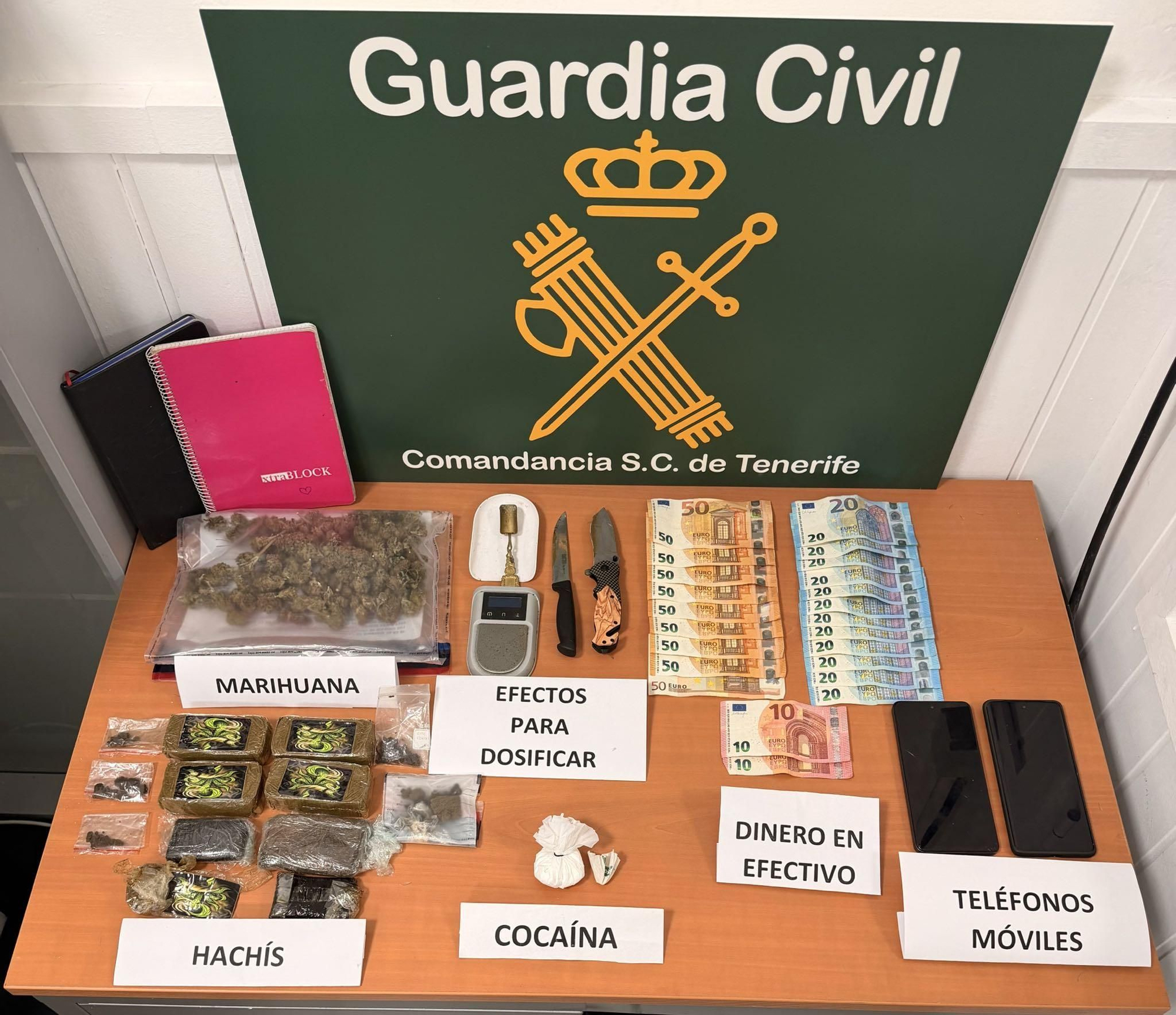 Droga y dinero incautados por la Guardia Civil en Breña Baja. GUARDIA CIVIL