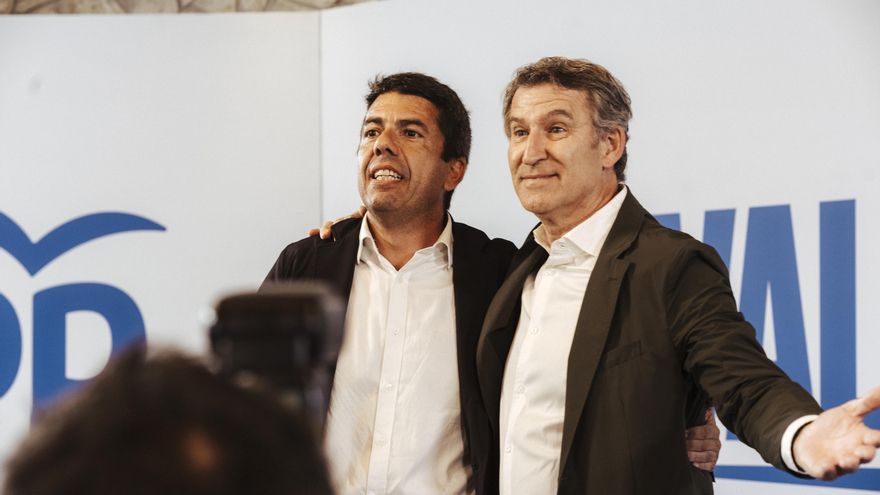 El presidente del Partido Popular, Alberto Núñez Feijóo, y el presidente del PPCV y de la Generalitat valenciana, Carlos Mazón, participan en un acto con la militancia del PP, en el Restaurante Juan XXIII, a 10 de junio de 2025