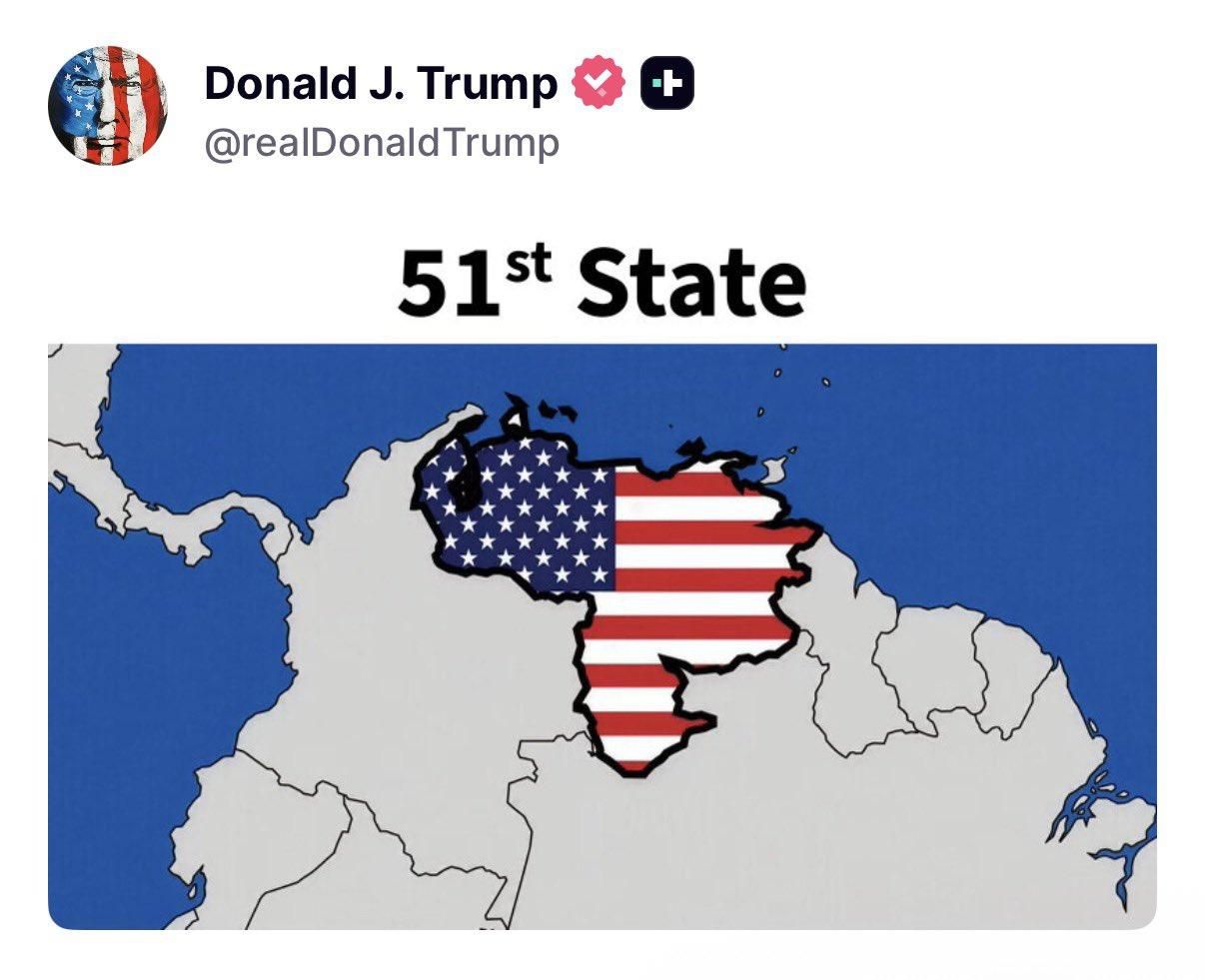 Truth Social de Donald Trump sobre Venezuela como "estado 51".