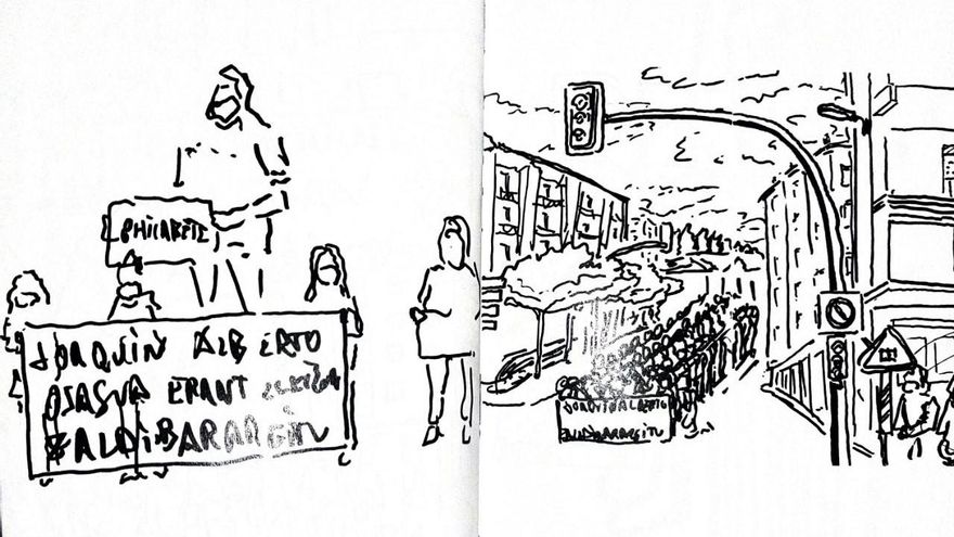 Dibujo de las manifestaciones por el vertedero de Zaldibar