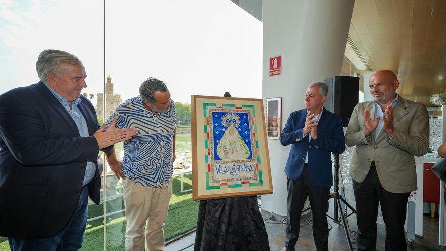 El cartel de la Velá, flanqueado por su autor, Manuel León, y el alcalde, José Luis Sanz.