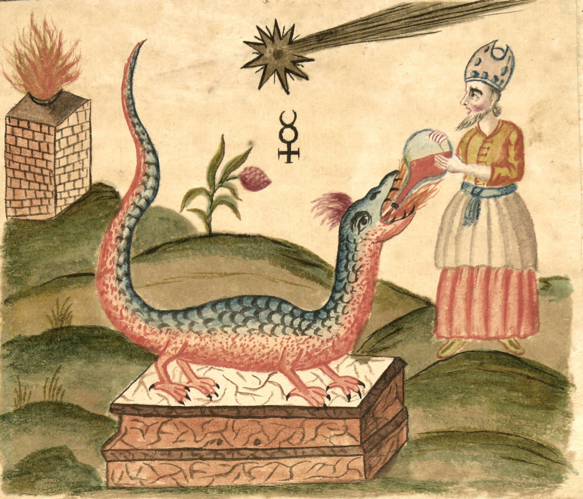 Ilustración del Clavis Artis (1738), manuscrito atribuido a Zoroastro, conservado en la Biblioteca Civica Hortis de Trieste. Una figura coronada alimenta a un dragón con una esfera bicolor, bajo la influencia de un cometa y el símbolo de Mercurio. La escena condensa símbolos del proceso alquímico de transformación y transmutación.