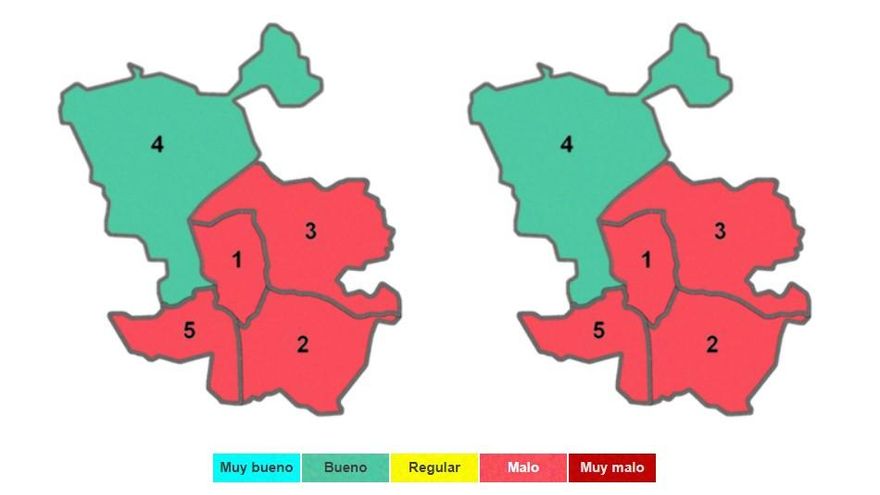 Niveles de polución registrados el sábado (izquierda) y previsión para este domingo (derecha)