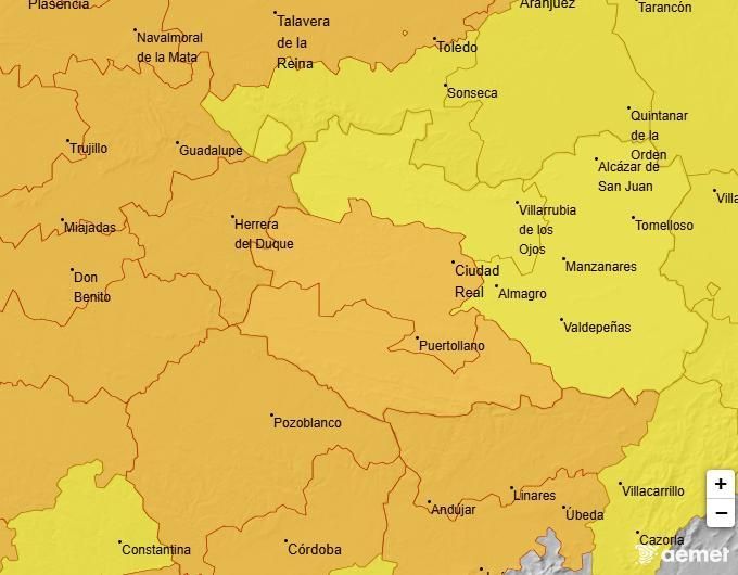 Avisos naranja por altas temperaturas previstos para el lunes 6 de julio en varias zonas de las provincias de Ciudad Real y Toledo, donde se registrarán temperaturas de 40 grados o más