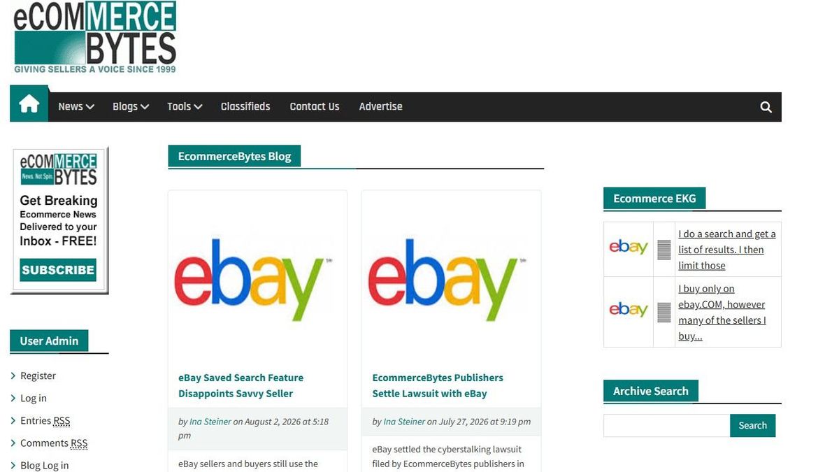 La página web de 'EcommerceBytes', con las últimas publicaciones sobre eBay.