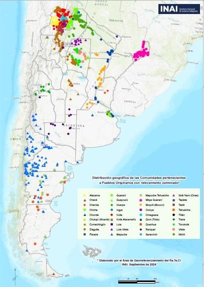 Distribución geográfica de las comunidades pertenecientes a pueblos indígenas con relevamiento culminado en 2024. Fuente: INAI