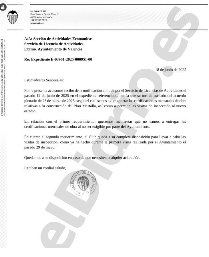 Carta remitida por el Valencia CF al Ayuntamiento.