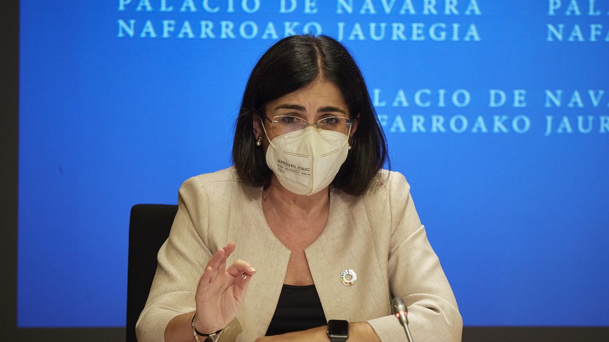 La ministra de Sanidad, Carolina Darias, comparece en rueda de prensa tras presidir desde Pamplona el pleno telemático del Consejo Interterritorial del Sistema Nacional de Salud, en el Palacio de Navarra, a 2 de junio de 2021, en Pamplona, Navarra (España