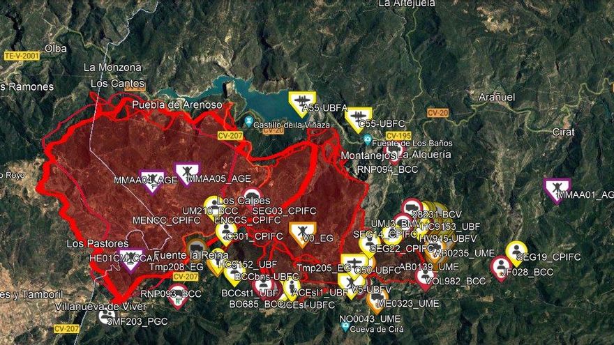 Mapa del área afectada por el incendio y los medios desplegados.