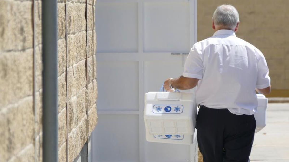 Un operario del Ayuntamiento de Sevilla llega este martes con unas neveras para recoger muestras en la sede de la empresa Magrudis