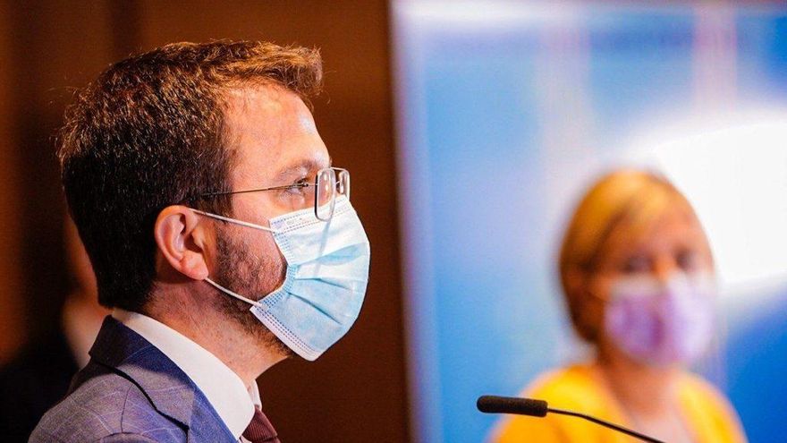 El vicepresidente de la Generalitat en funciones, Pere Aragonès, en la rueda de prensa de presentación de la campaña masiva de vacunación