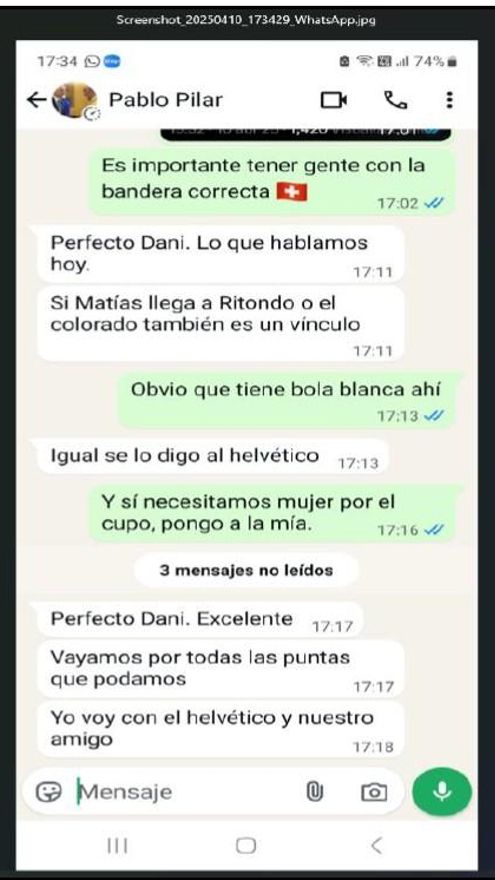 Diálogo entre "Pablo Pilar" (Pablo Atchabahian) y Daniel Garbellini, en el que traman cómo llegar  a Cristian Ritondo y Diego Santilli, asociaciados a Sebastián Nuner Uner, ejecutivo de la Droguería Suizo Argentina, según la reconstrucción del fiscal Franco Picardi. El intercambio tuvo lugar el 10 de abril de 2025.