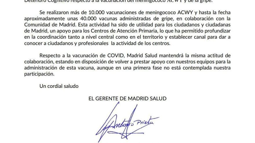 Carta enviada por Antonio Prieto a la que ha tenido acceso elDiario.es.