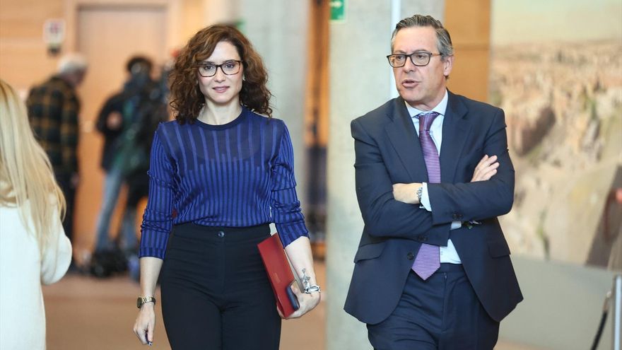 La presidenta de la Comunidad de Madrid, Isabel Díaz Ayuso, y el senador y secretario general del PP de la Comunidad de Madrid, Alfonso Serrano, durante un pleno en la Asamblea de Madrid, a 22 de octubre de 2026, en Madrid (España). Eduardo Parra / Europa Press