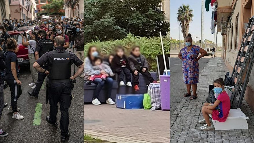 De izquierda a derecha: activistas intentan parar un desahucio en Lavapiés, la imagen viral de una familia en la calle en Carabanchel y otro proceso de desahucio en Portuarios
