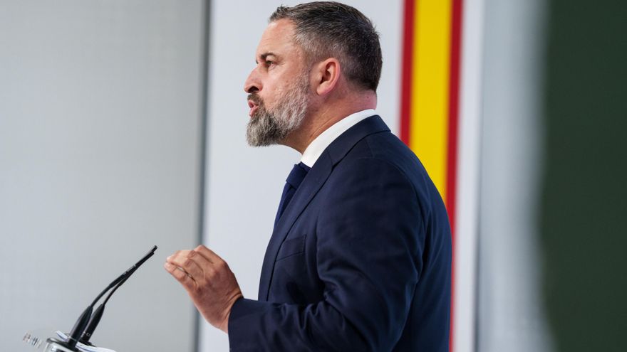 El presidente de Vox, Santiago Abascal, durante una rueda de prensa, en la sede del partido, a 16 de junio de 2025, en Madrid (España).