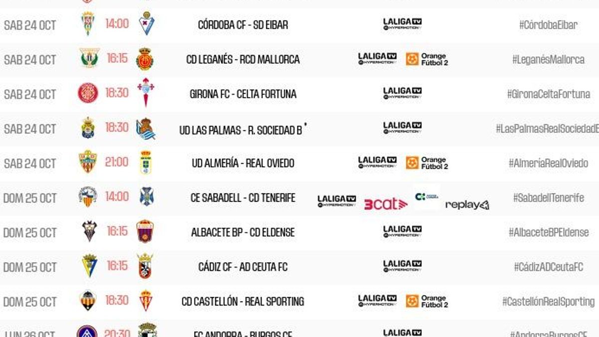 Horarios de la jornada 11 de LaLiga Hypermotion