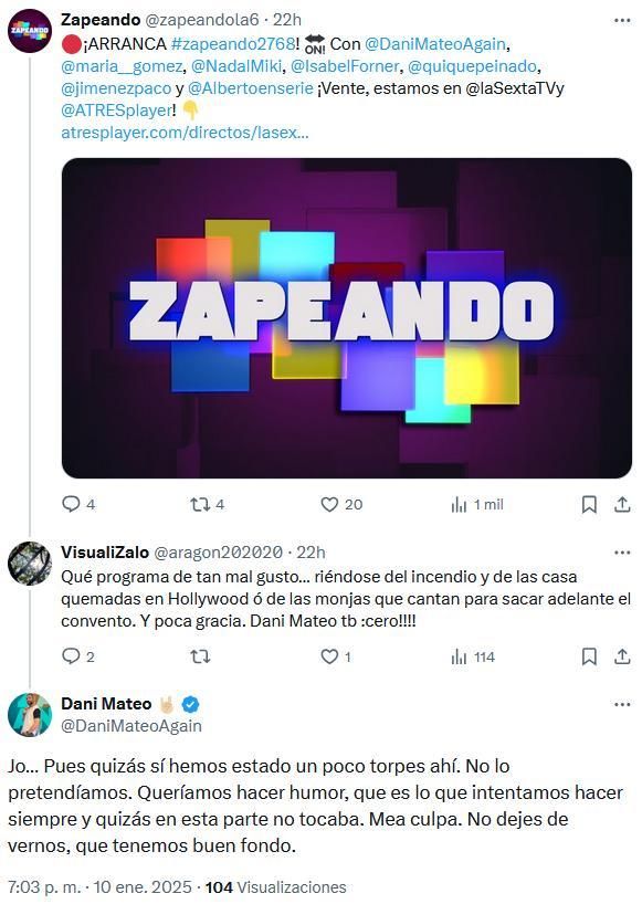 Respuesta de Dani Mateo a la crítica recibida por parte de un espectador de 'Zapeando'