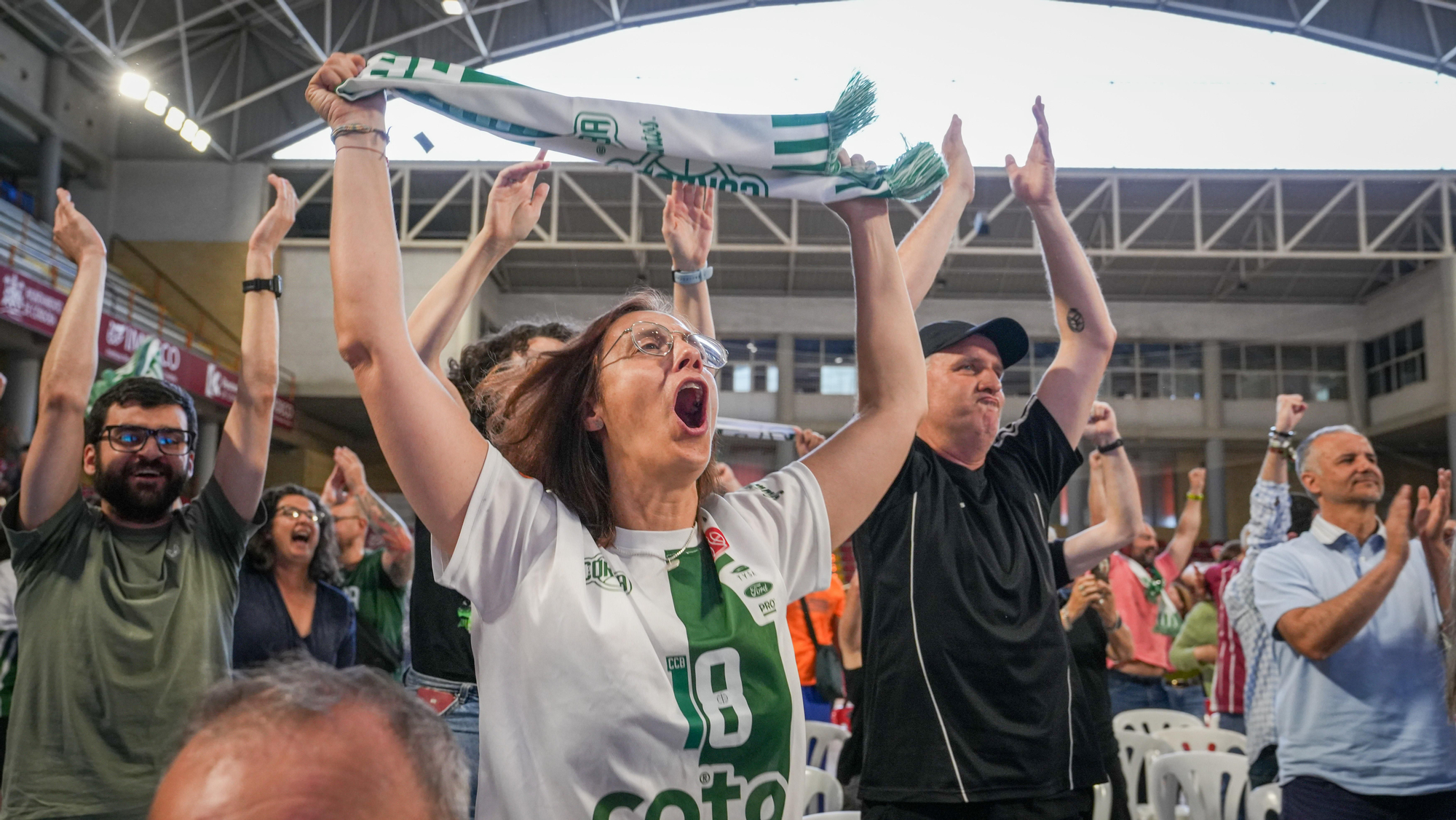 Aficionados del Coto Córdoba celebran frente a la pantalla gigante el ascenso de categoría