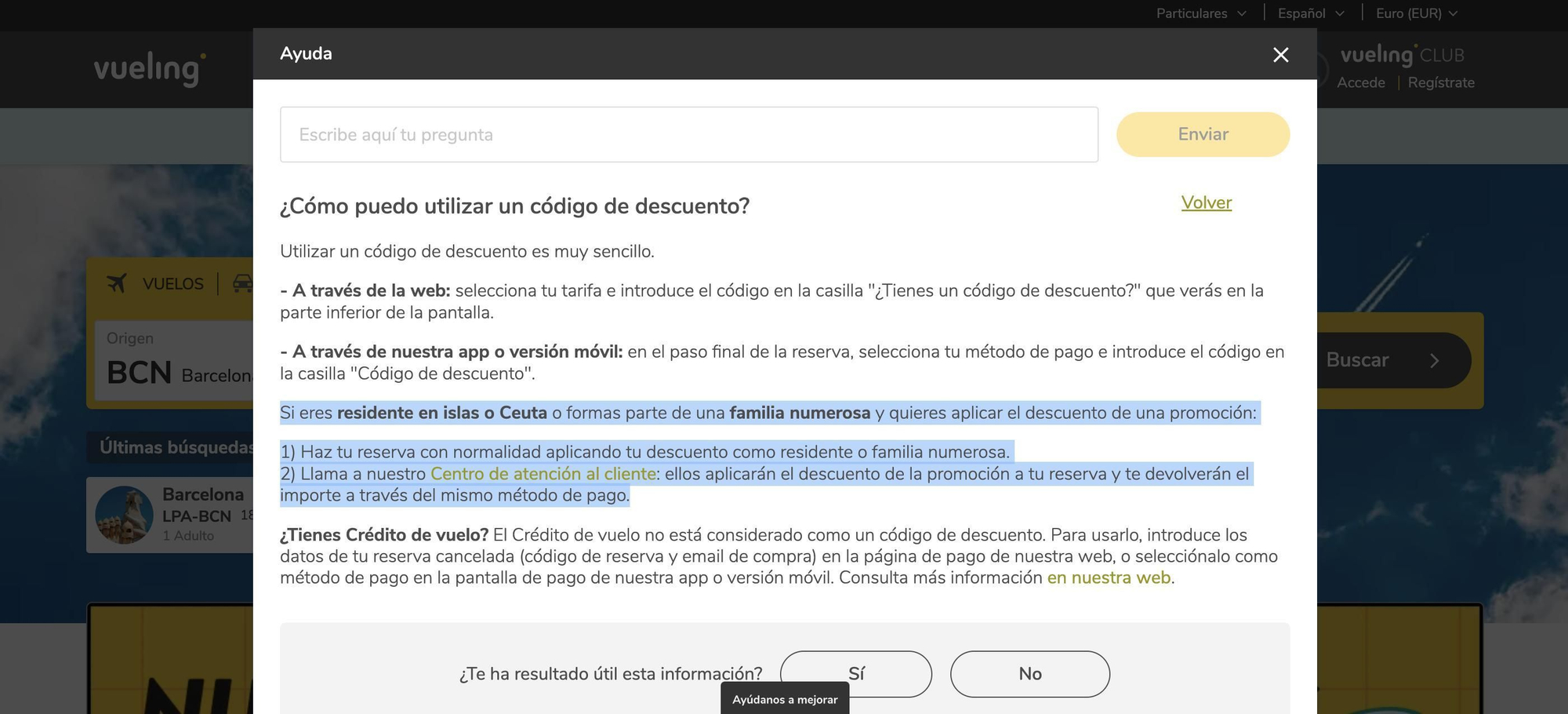 El Centro de Ayuda de Vueling explica cómo aplicar un código de descuento promocional y la rebaja del 75% para residentes canarios a un mismo billete de avión