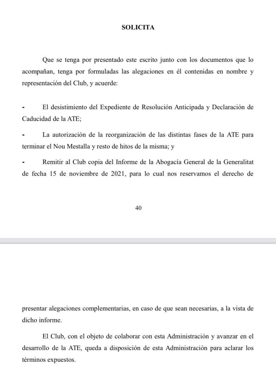 Alegaciones del Valencia CF a la caducidad de la ATE.