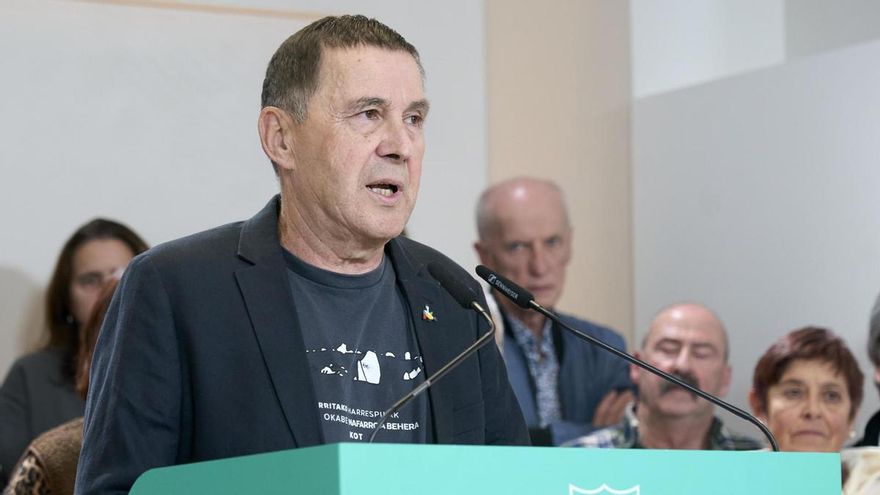 El secretario general de EH Bildu, Arnaldo Otegi, interviene en un acto con víctimas del franquismo y de la "violencia de Estado" en Vitoria.