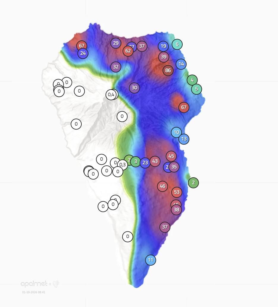Mapa de Apalmet de la lluvias registrada en distintos puntos de La Palma hasta las 08.41 horas de este jueves.