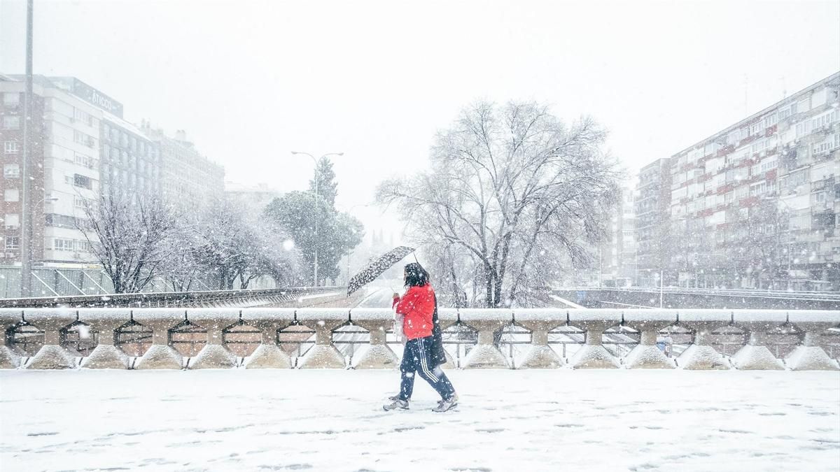 El centro de Madrid durante el temporal, a 28 de enero de 2026, en Madrid.