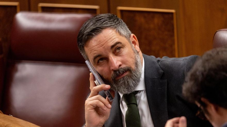 El portavoz de Vox en el Congreso, Santiago Abascal, atiende una llamada durante un pleno.