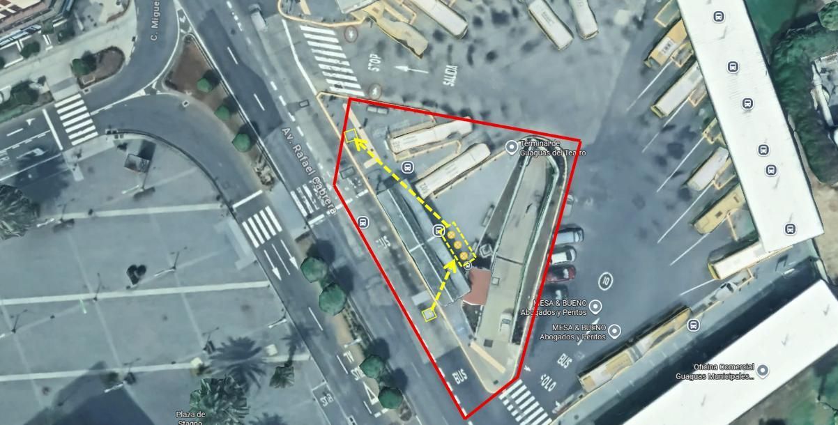 Mapa de señalización de la intervención en la Estación de Bombeo de Aguas Residuales (EBAR) situada bajo la terminal de guaguas del Teatro Pérez Galdós, en Las Palmas de Gran Canaria.