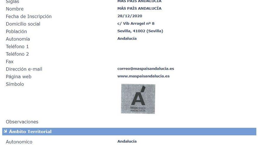 Ficha de Más País Andalucía en el Registro de Partidos del Ministerio del Interior.
