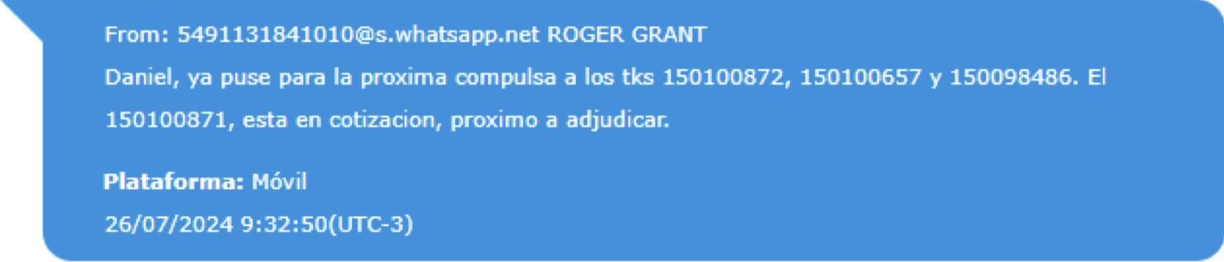 Uno de los chats donde aparece Roger Grant.