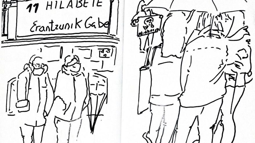Último dibujo publicado de Gorka Belasko de la manifestación de los 11 meses del derrumbamiento