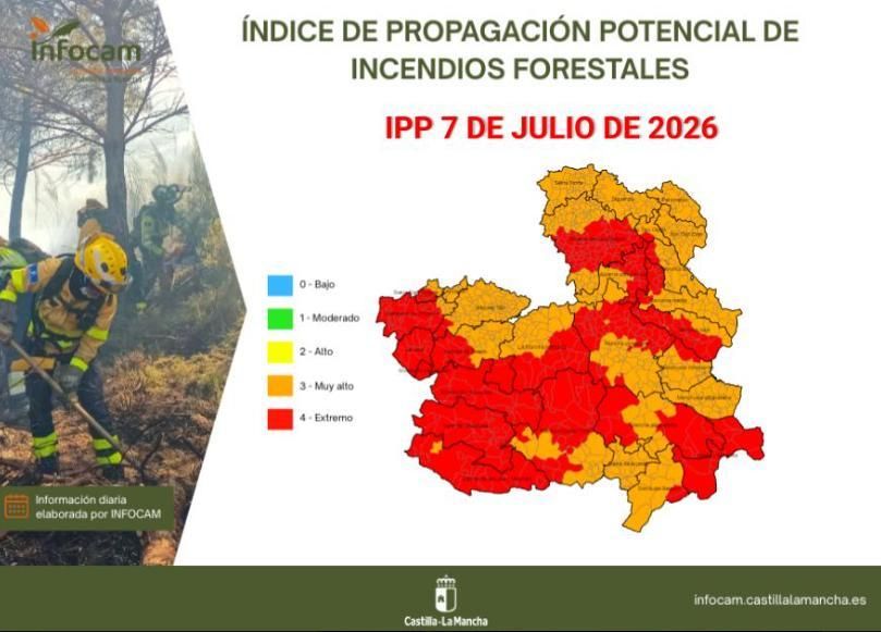 Índice de Propagación Potencial de Incendios Forestales (IPP) en Castilla-La Mancha para el 7 de julio de 2026