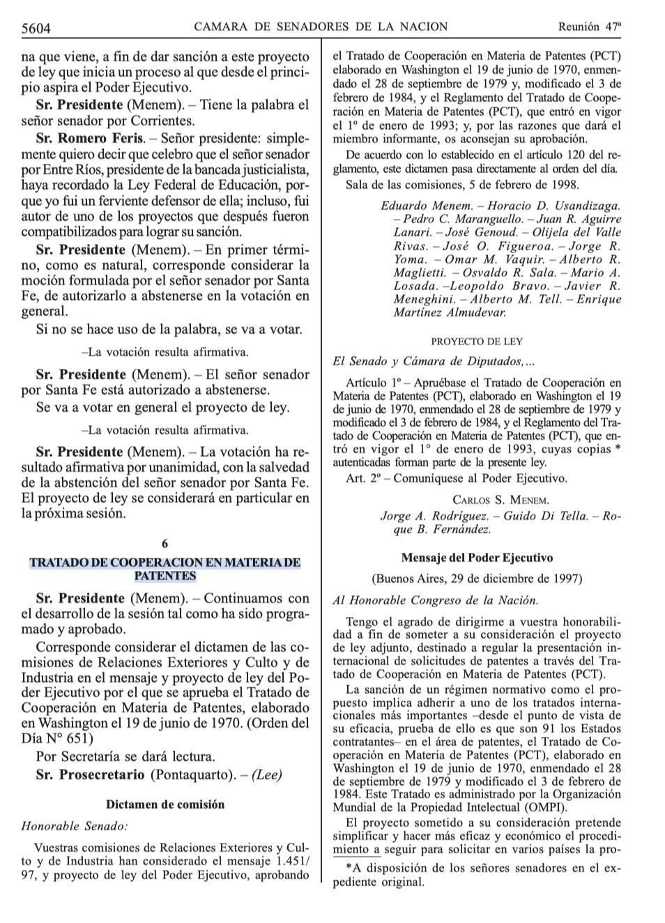 La versión taquigráfica de la sesión de septiembre de 1998 del Senado que aprobó el PCT. Aún se aguarda la sanción por parte de Diputados.