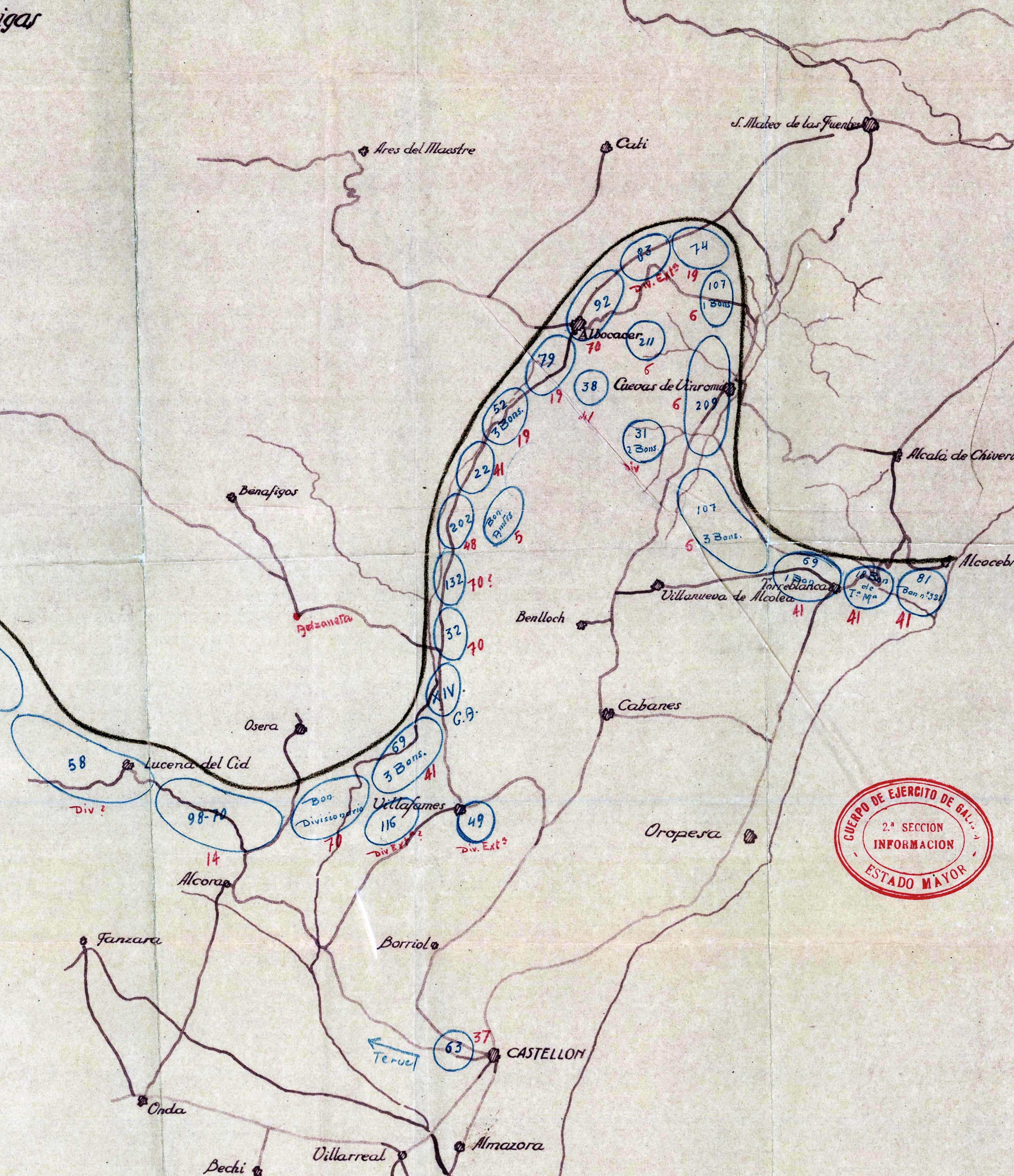 La línia del front el dia 10 de juny de 1938, amb la situació de les Brigades republicanes, quan s’estava a punt d’emborsar-les. 