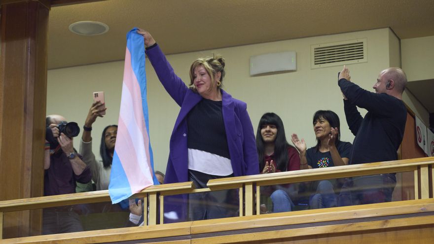 La presidenta de la Federación Plataforma Trans, Mar Cambrollé (c), agita una bandera del movimiento al aprobarse este jueves en el Parlamento Vasco la ley trans. EFE/ Adrian Ruiz Hierro