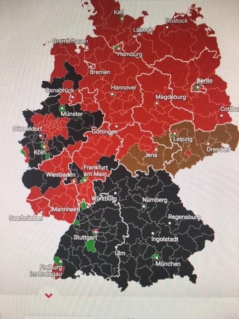 Circulos electorales y estados federales que han votado mayoritariamente Rojo, Negro, Pardo o Verde