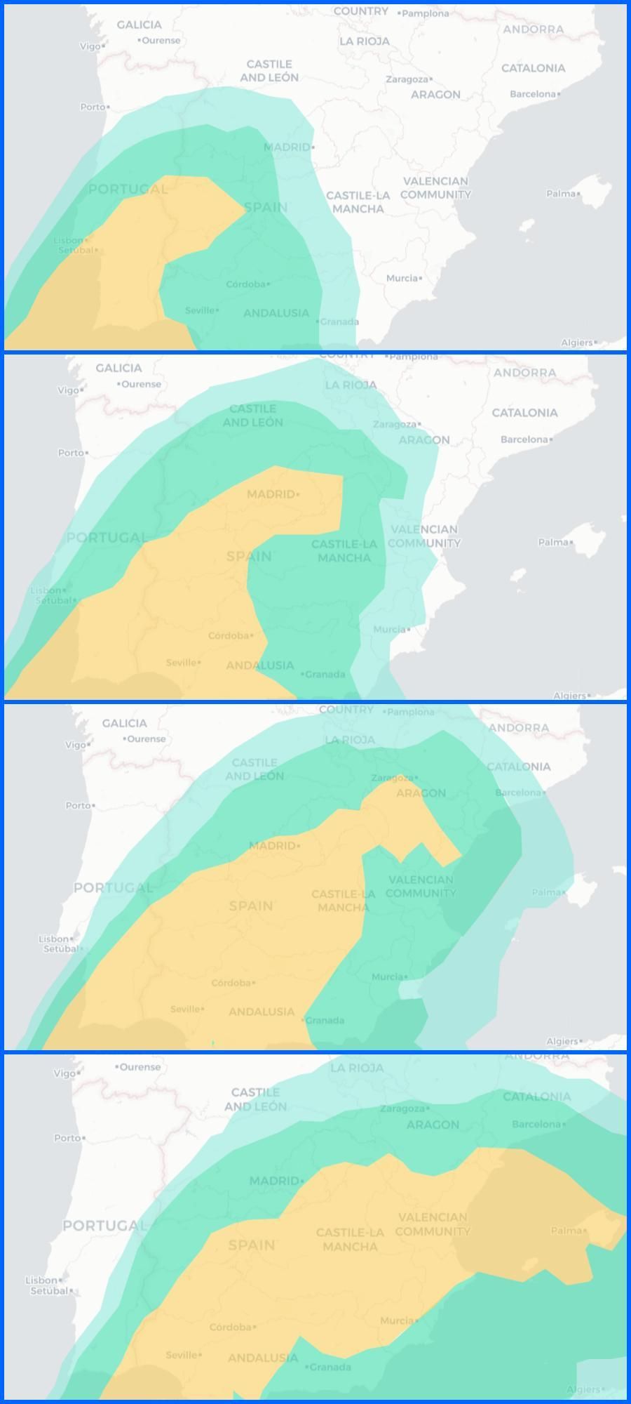 Evolución de la masa de aire africano entre el luns 18 y el martes 19 de marzo
