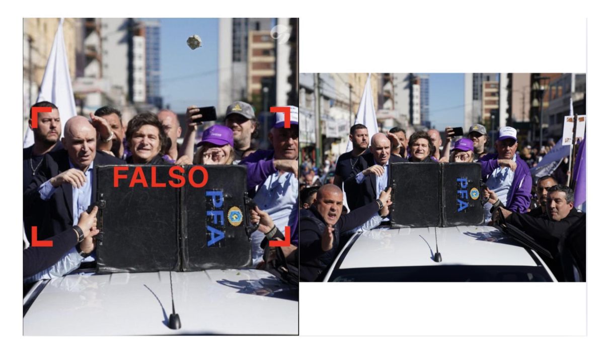 A la izquierda, la foto falsa que circula con la piedra suspendida en el aire; a la derecha, la foto verdadera publicada por Clarín.