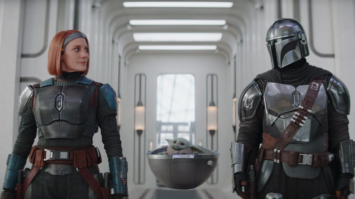 Bo-Katan, Grogu y Mando en la serie de 'The Mandalorian'