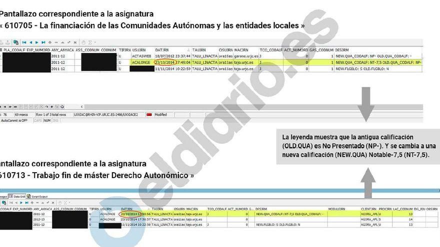 Captura que revela que se cambiaron las notas de Cifuentes.