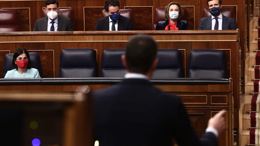 El presidente del Gobierno, Pedro Sánchez, interviene durante una sesión de Control al Gobierno en el Congreso de los Diputados, en Madrid, (España), a 17 de marzo de 2021.