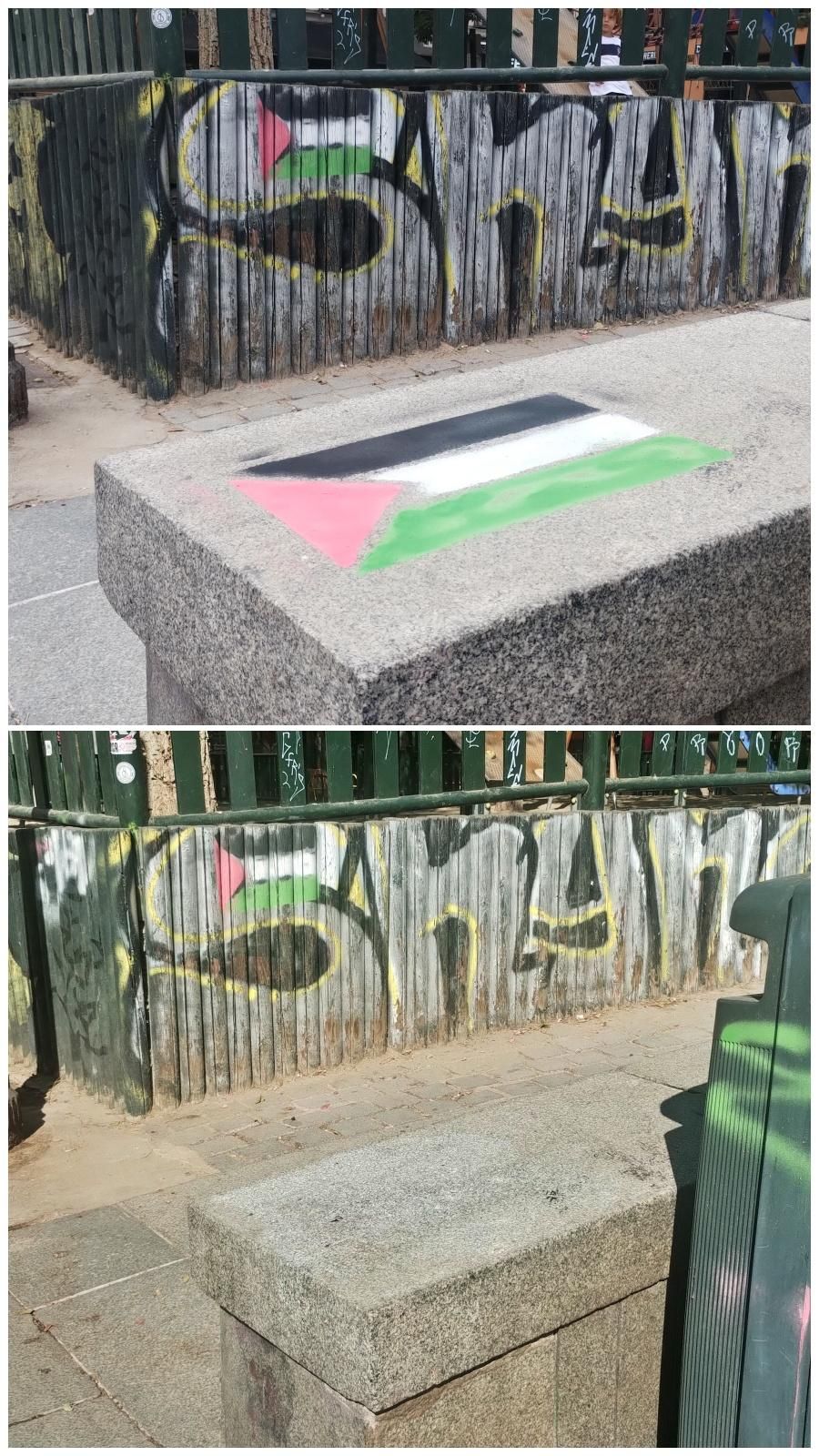 Banderas de Palestina pintadas el martes con spray (arriba) y una de ellas retirada este miércoles (abajo), dejando otra y el grafiti aledaño