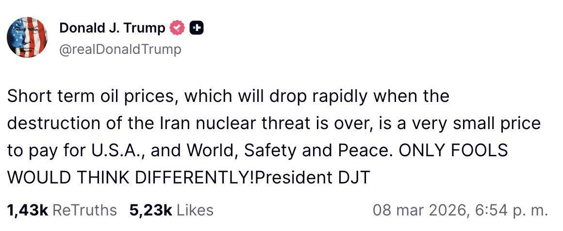 Truth Social de Trump sobre los precios del petróleo.