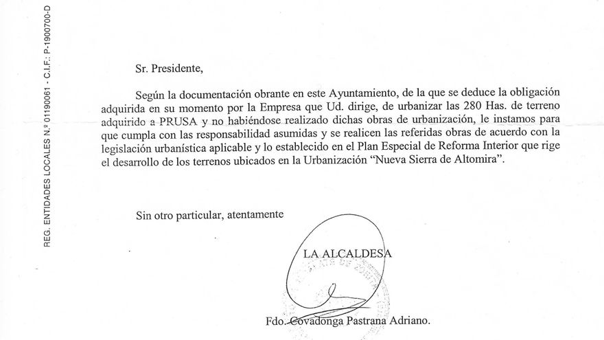 Carta de la alcaldesa de Albalate de Zorita a la empresa Mar de Castilla SA en 2005