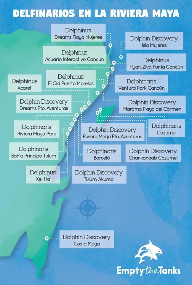Mapa de los delfinarios distribuidos en la Riviera Maya. Imagen: cortesía Empty the Tanks México