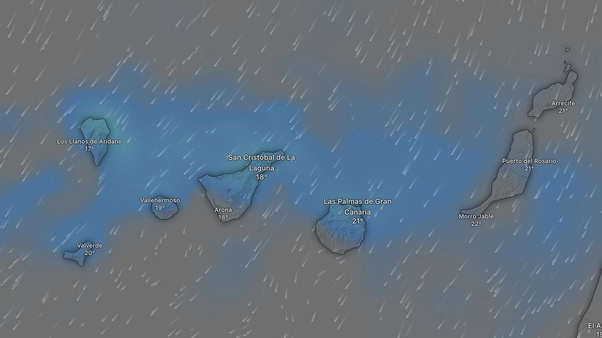 Lluvias esperadas en Canarias en la noche de este domingo al lunes, según el modelo europeo de predicción.